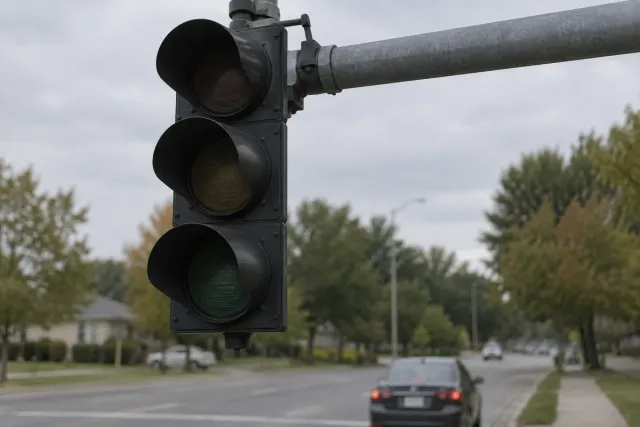 Unlit traffic signal hanging over a quiet intersection on a cloudy day