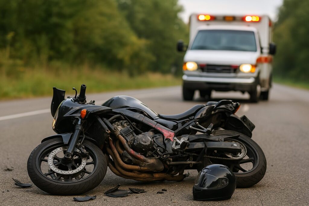motorcycle on ground with ambulance